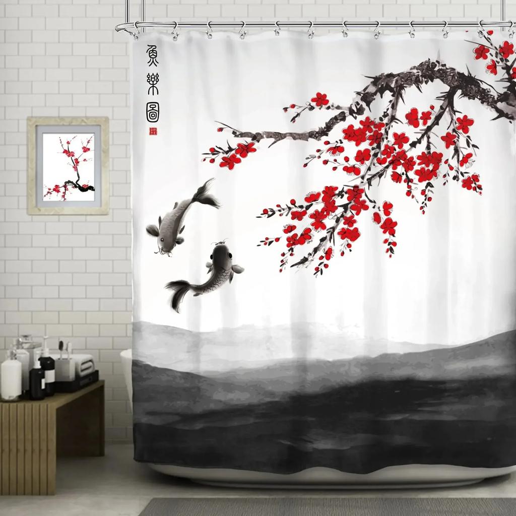 Japanese-style Shower Curtain Koi Fish Landscape Polyester Fabric Bathtub Curtain Bathroom Decoration a Variety of Optional