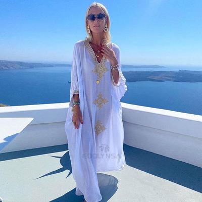 Vestido playero de verano para mujer, vestido largo informal con abertura lateral Indie Folk, traje de baño bordado con cuello en V y manga corta