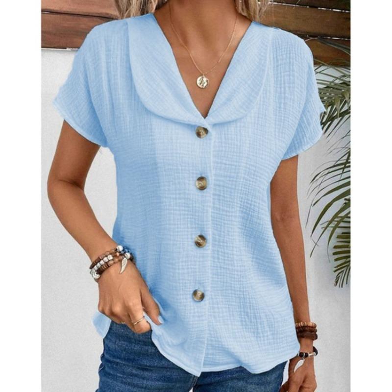 JPNTKY Women's Fashion Casual Solid Color Print V-Neck Short Sleeve Blouses & Shirts
