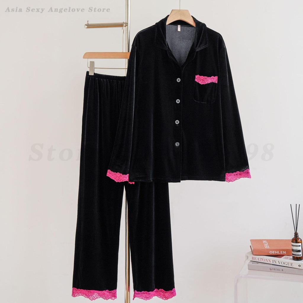 Long Sleeved Velvet Cardigan Trousers Pijamas Suit Lace Edges Sweet Lapel Home Wear Sleepwear Autumn Winter Lingerie Loungewear