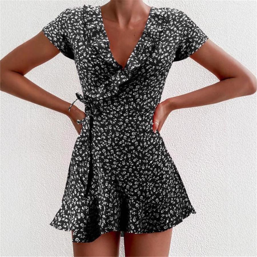 Summer Women's Floal A-Line Dress Sweet Elegant Floral Ruffles V-neck Bandage Short Dress for Lady Chic Flowers Mini Dress