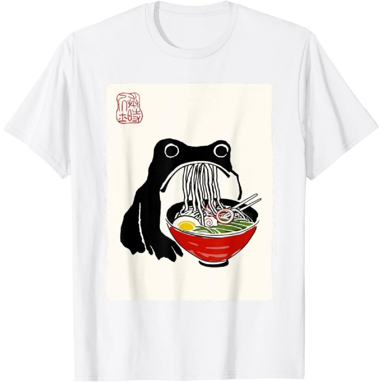 

YUZBHOME Funny Grumpy Frog Ramen Sumi-e Kawaii Ink Painting Japanese T-Shirt XXXXXL білий