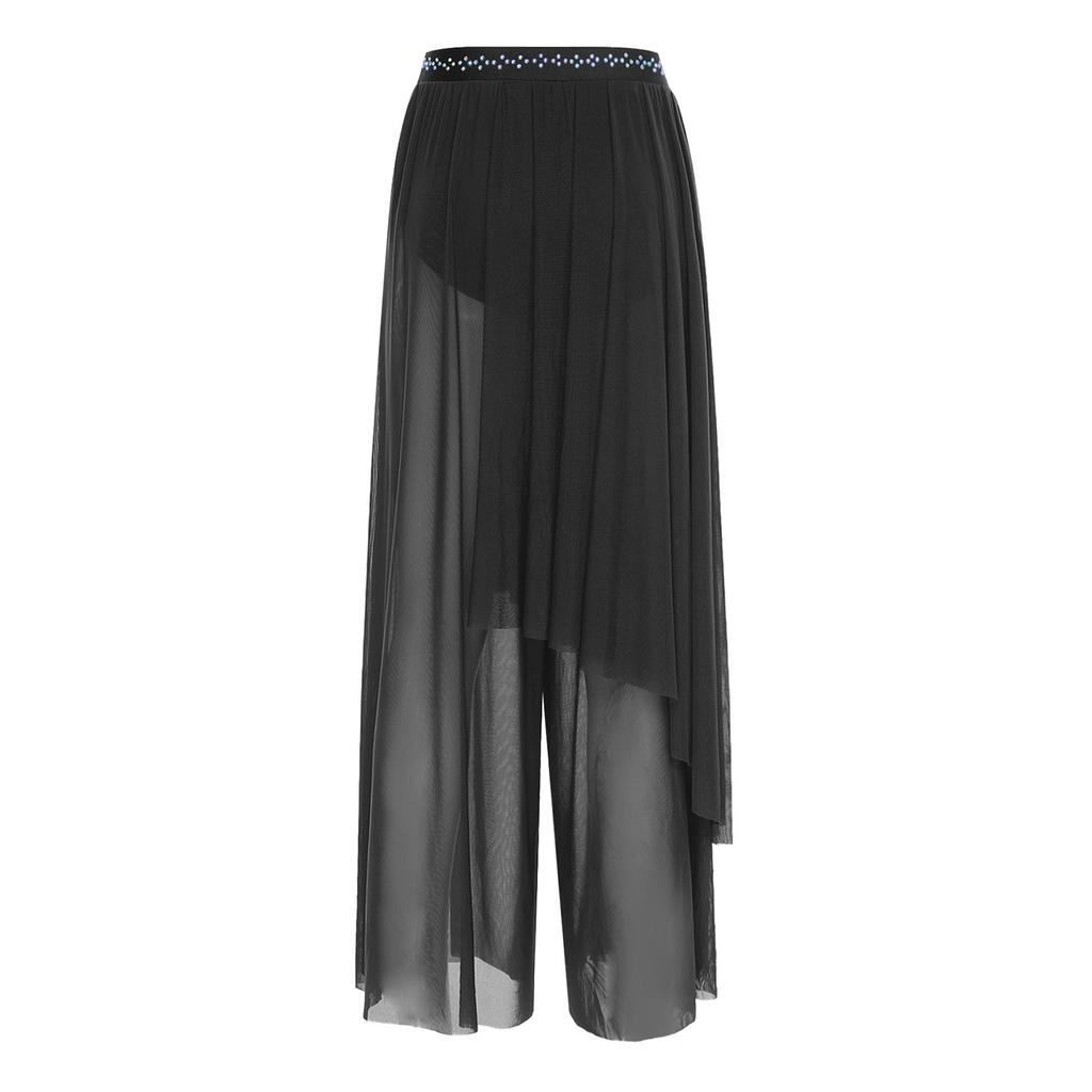 Pantaloni de Plasă Lirici pentru Femei Talie Strălucitoare Picior Larg Suprapunere Asimetrică Chilot Integrat Partea de Jos pentru Dans Contemporan