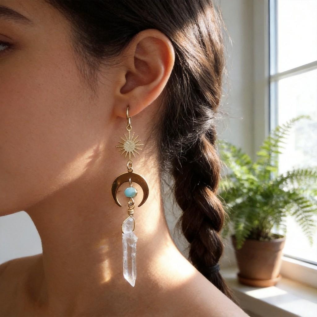 Bohemian Moon Goddess Earrings With Copper Geometric Design For Women