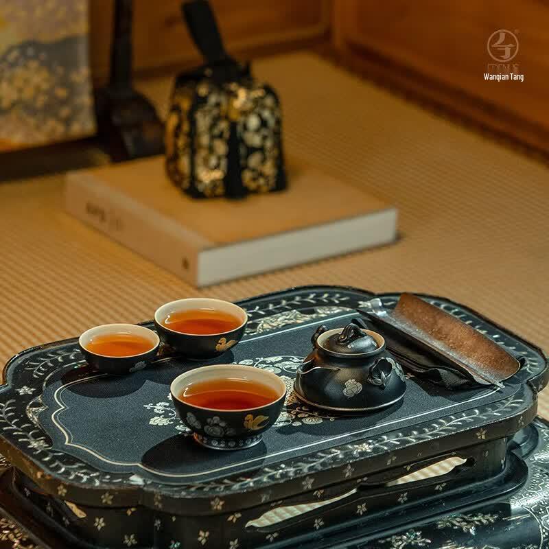 Wanqiantang Edenus Lacquer Red Glaze Travel Tea Set (1 Pot, 3 Cups)