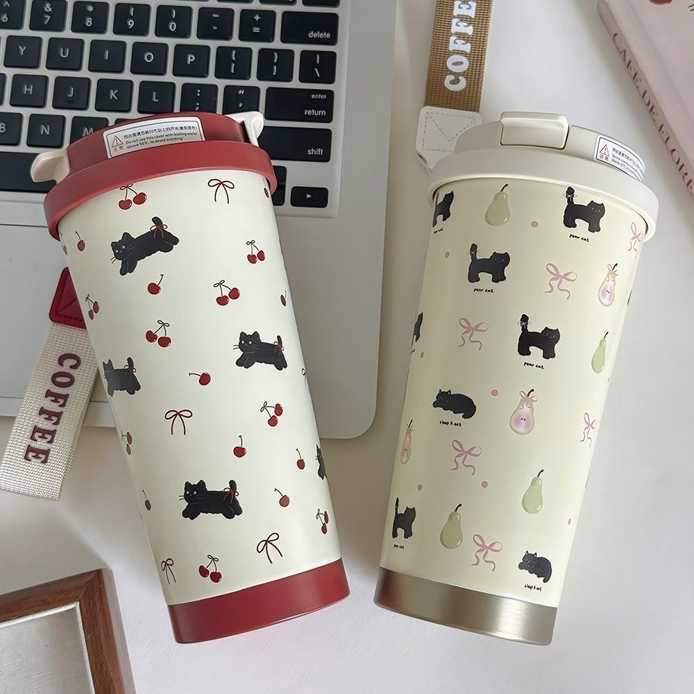 Niedlicher Kirsch-Katzen-Tumbler 500ml Kawaii Wasserflasche Edelstahl Thermobecher mit Strohhalm Tragbares Kaffee-Thermosgefäß für Tee Geschenk