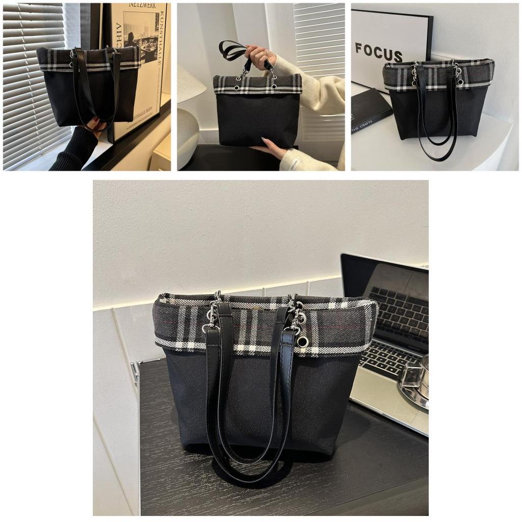 Korean Plaid Fabric Bucket Bag Women's Bag 2024 Winter New Texture Fashion Simple Shoulder Bag