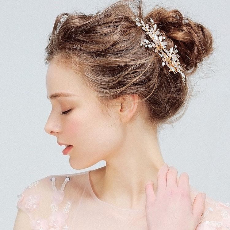 SLBRIDAL Handmade Golden Austrian Crystals Rhinestones Flower Leaf Wedding Hair Clip Barrettes Bridal Headpiece Hair Accessories