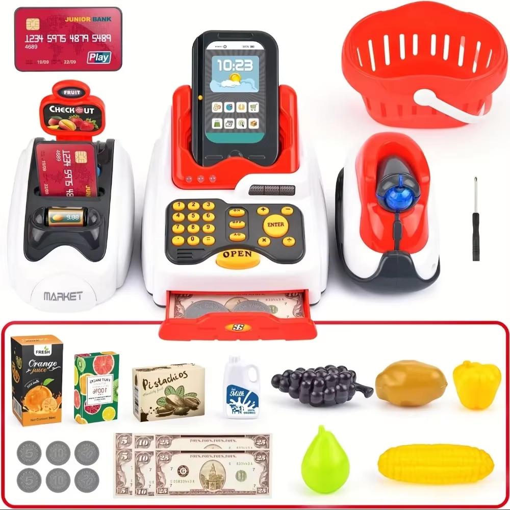 33PCS Toy Cash Register for Kids with Checkout Scanner Fruit Card Reader Credit Card Machine Play Money Food Shopping Play Set красный