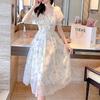 2025 Summer Floral Chiffon Dress: Puff Sleeve, Waist-Slimming, Short Sleeve