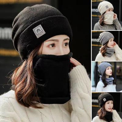 2 Pcs/Set Lady Winter Beanie Scarf Sert Knitted Elastic Ear Protection Brimless Windproof Cap Neck Wrap Set Outdoor Cycling Skiing Headwear