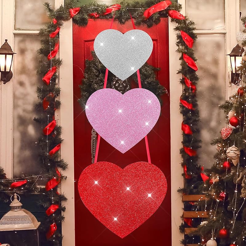 3 Pcs Shiny Glitter Valentine s Day Wooden Hanging Glitter Heart Shape Door Decor Plaque Happy Valentine s Day Wall Hanging Sign for Home Anniversary Heart