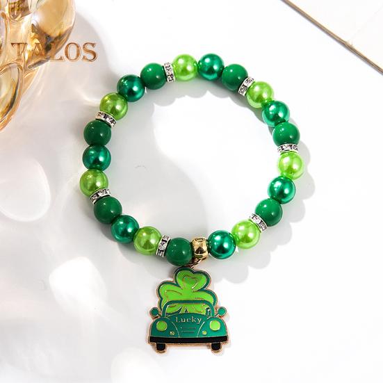 Shamrock Bracelet St. Patricks Day Irish Beaded Jewelry with Glass Beads And Charms Lucky Charm Bracelet for Festive Celebrations Elastic Clover