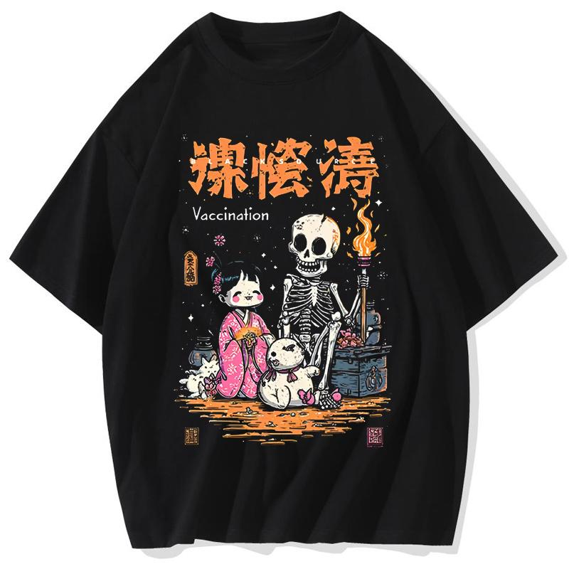 black source Club Tshirt Japanese Mythical Spirit Beast Anime Tshirt Gods Skull Fashion Short Sleeve men For Women Tshirt S