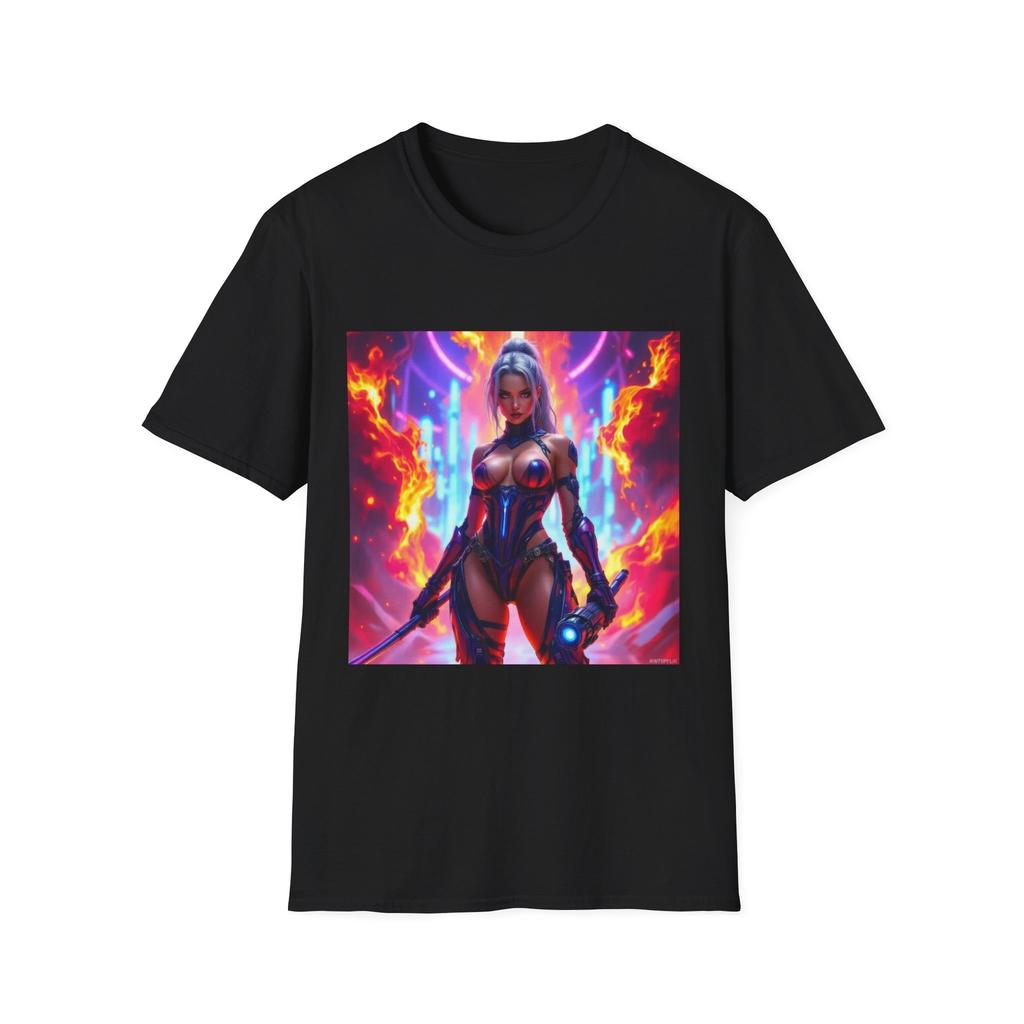 Fierce Female T-Shirt, Cyberpunk Warrior Tee, Sci-Fi Armor Shirt, Flame Design