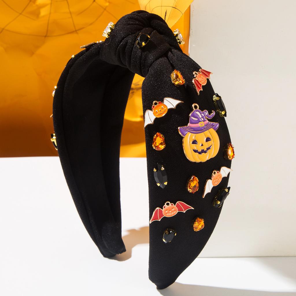 New Halloween-themed Knotted Headband for Women European-American Style Polyester Fiber Uniquely Stylish Diamond-studded Bat