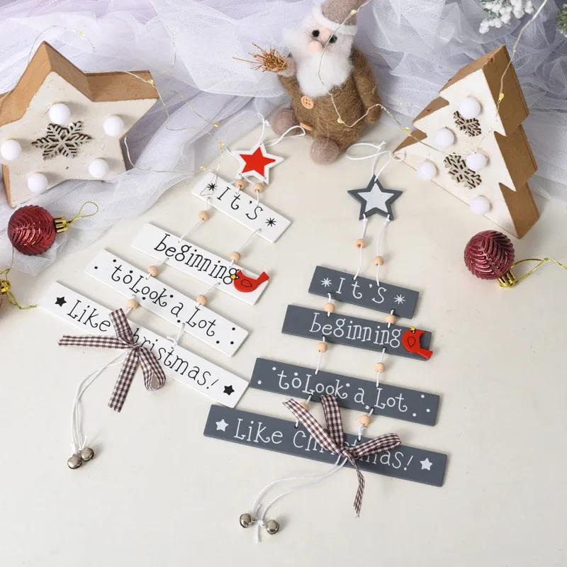 Christmas Wooden Pendant Santa Tree Creative Hanging Letter Sign Window Display Ornaments Xmas Party Decoration YFA2243