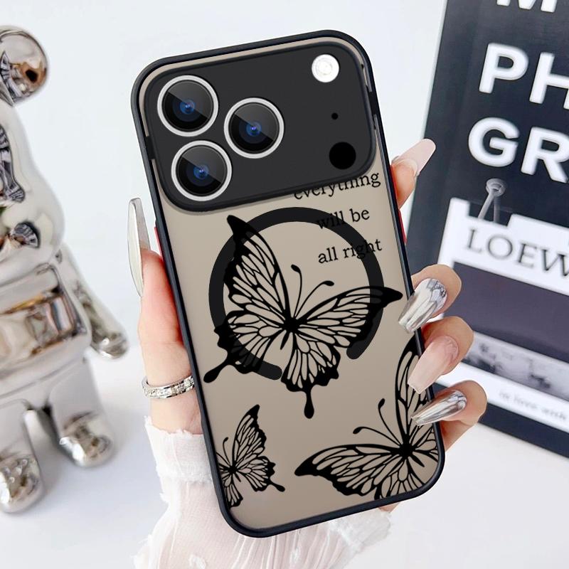 Magnetic Butterfly Pattern Phone Case For iPhone 17 15 16 Pro Max 14 13 Pro 17 For Magsafe Wireless Charge Soft Edge Hard Cover