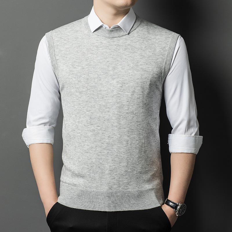 Men's V-Neck Wool Knit Vest - Autumn/Winter Solid Color, Middle-Aged & Elderly Style
