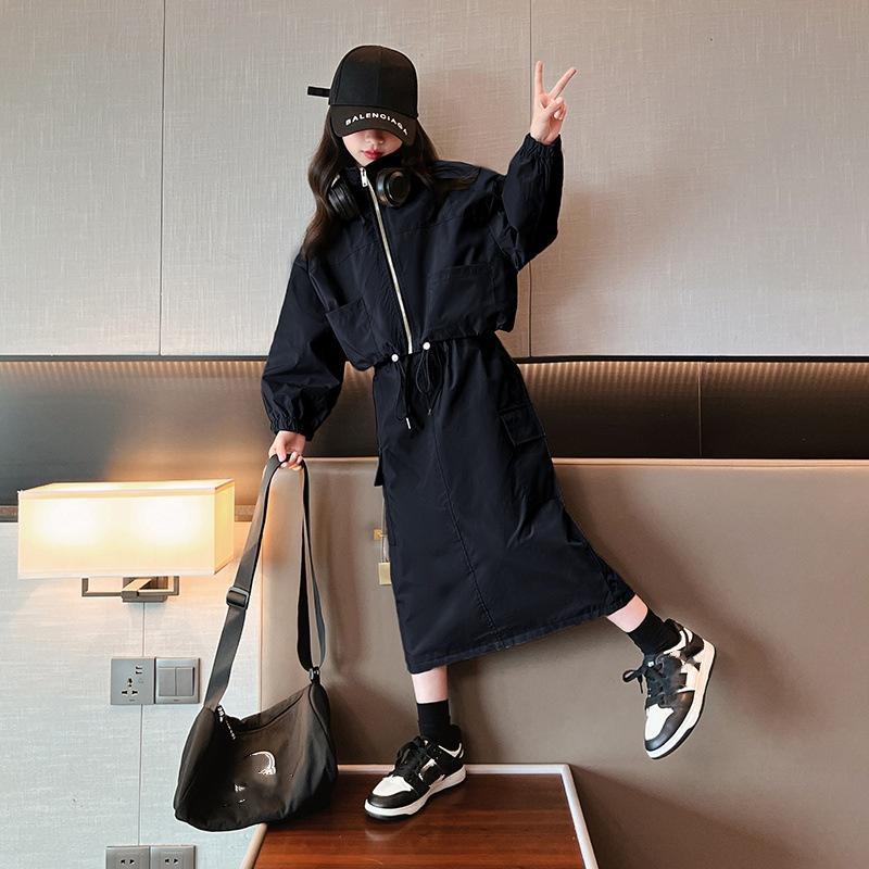 

Модный комплект из 2 предметов одежды: пальто на молнии + брюки, детский спортивный костюм для девочек 6, 8, 10, 12, 14 лет, весенне-осенний костюм в корейском стиле с юбкой 150