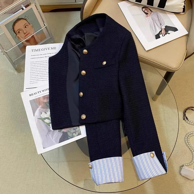 Small Fragrant Style Suit Jacket Women Spring Autumn Round Neck French Fashion Splicing Design Short