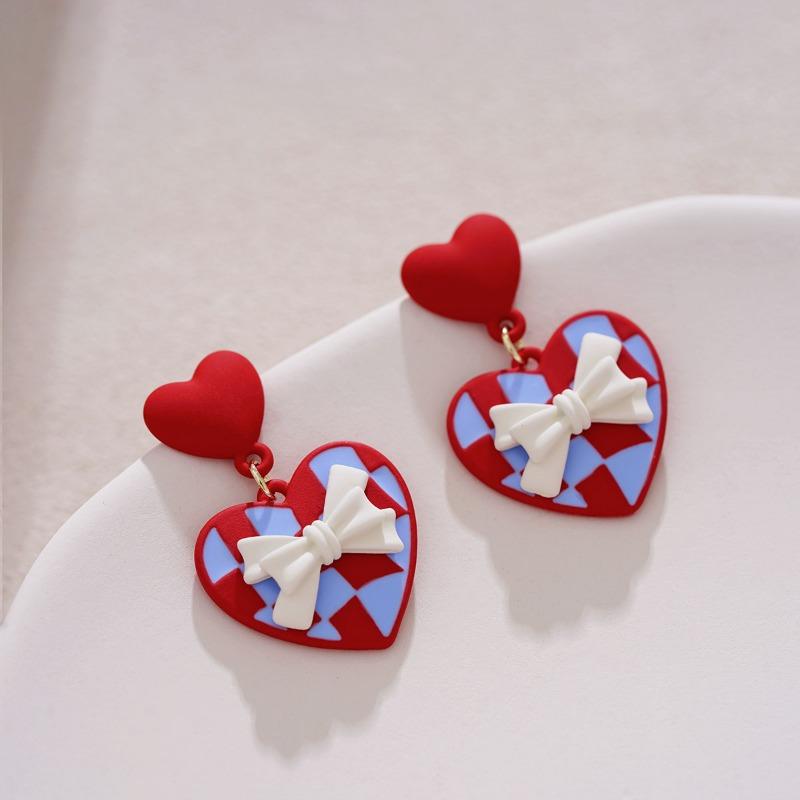Red peach heart rhombus earrings niche gentle white bow stud earrings unique design Valentine's Day women's earrings