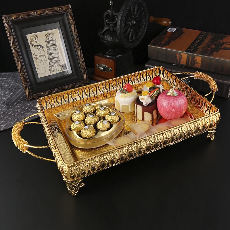 Simple Household Fruit Plate European High-end Hotel Lobby Golden Fruit Plate Fashion Light Luxury Fruit Cake Square Tray