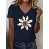 Women's V-Neck T-Shirt Flowers Print Tees Summer Short Sleeve Top Casual