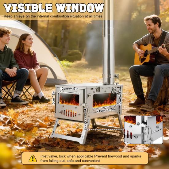 Foldable Camping Stove, Stainless Steel Portable Wood Burning Stove, Tent Stove with Visible Window, Adjustable Vent & Multiple-Section Pipe for