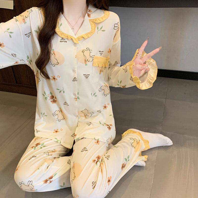 Imitation cotton ruffle leaf edge pastoral cute rabbit girl pajamas autumn long-sleeved cartoon soft glutinous loungewear two-piece set