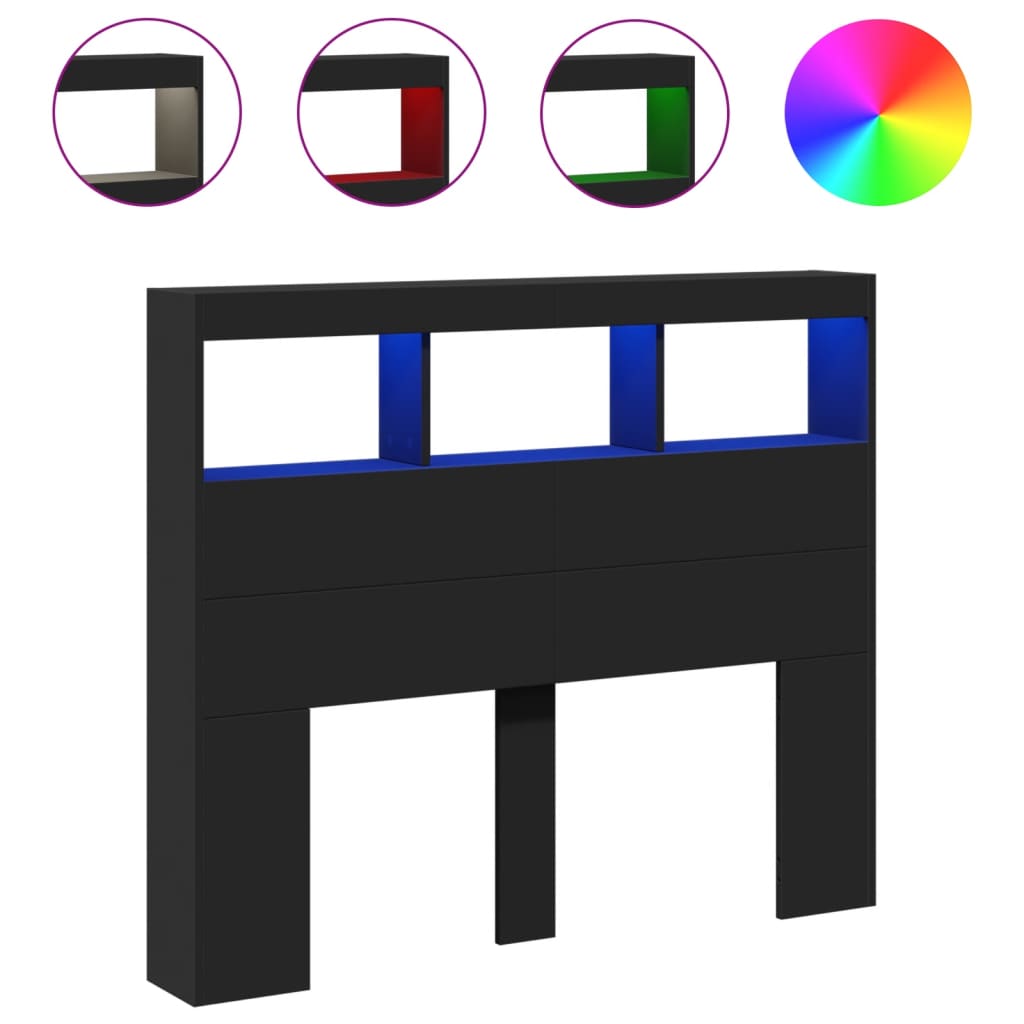 LED Headboard with Shelves Black 120 x 17 x 102 cm