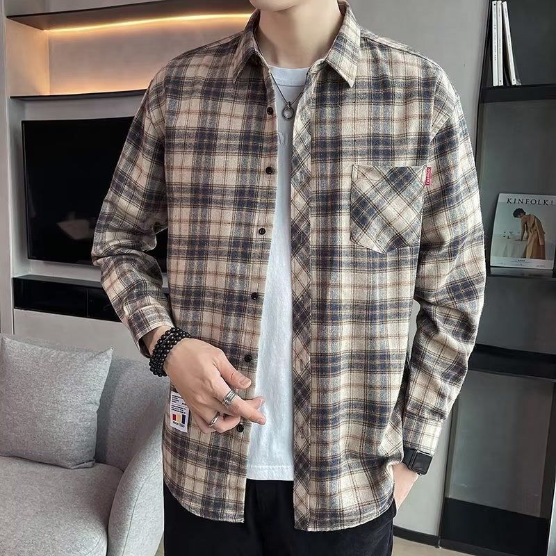 Autumn Men's Plaid Shirt Long Sleeve Casual Shirts Button Down Regular Fit Work Shirts