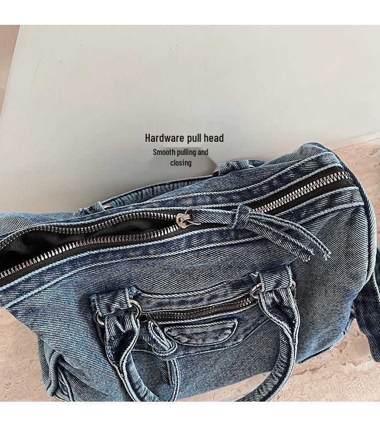 2026 Retro Denim Motorcycle Bag with Patchwork and Rivet Decoration – Crossbody, Shoulder, Handbag