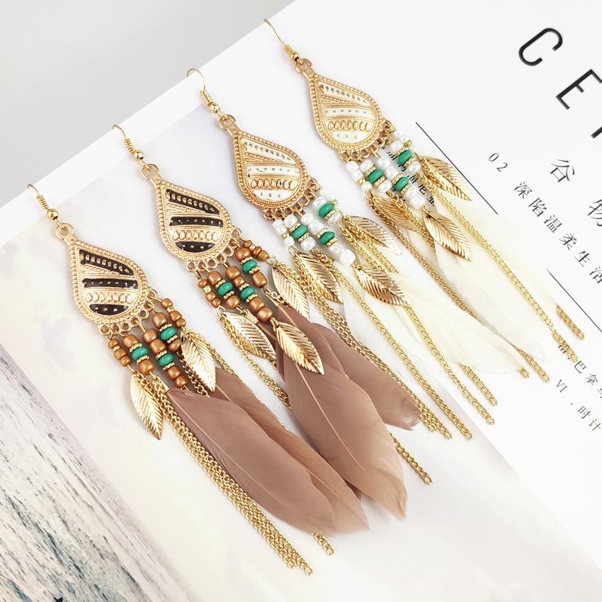 Bohemian Retro Tassel Water Drop Feather Earrings