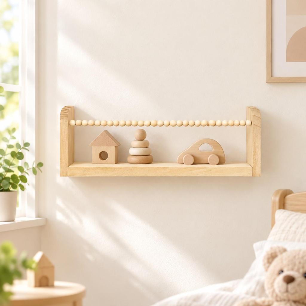 Wall-Mounted Wooden Storage Shelf Child-Friendly Wall with Bead