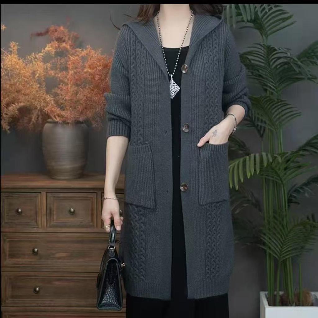 Stylish Plus Size Hooded Cardigan: Mid-Length Knit Sweater Coat for Moms (Autumn/Winter)