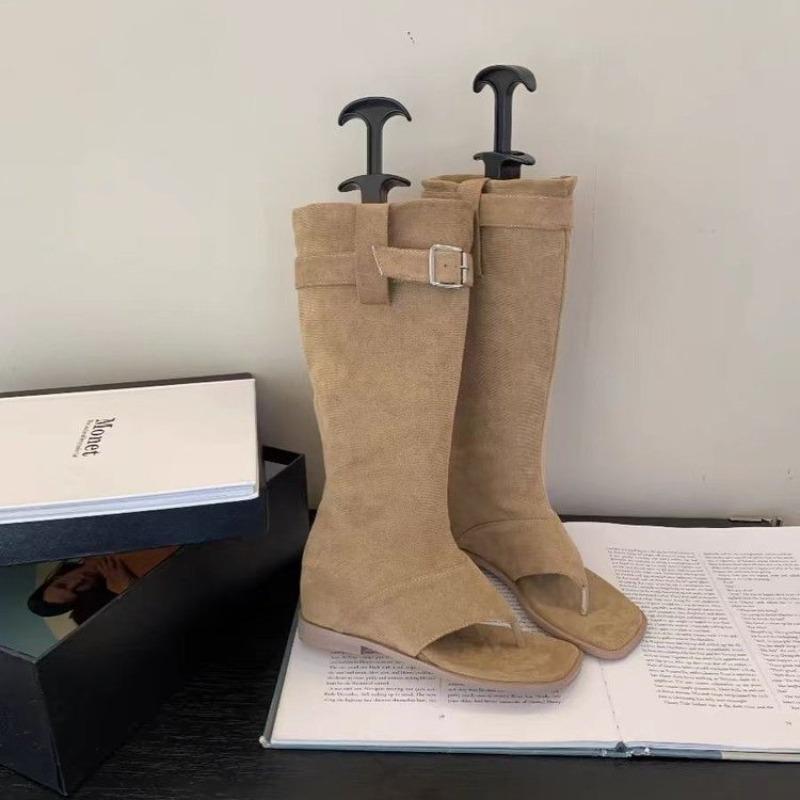 Fashion New Popular Women Sexy Black Suede Ruffled Boots Women Summer Clip Toe Flat Gladiator Sandals Woman Western Cowboy Boots Sandals