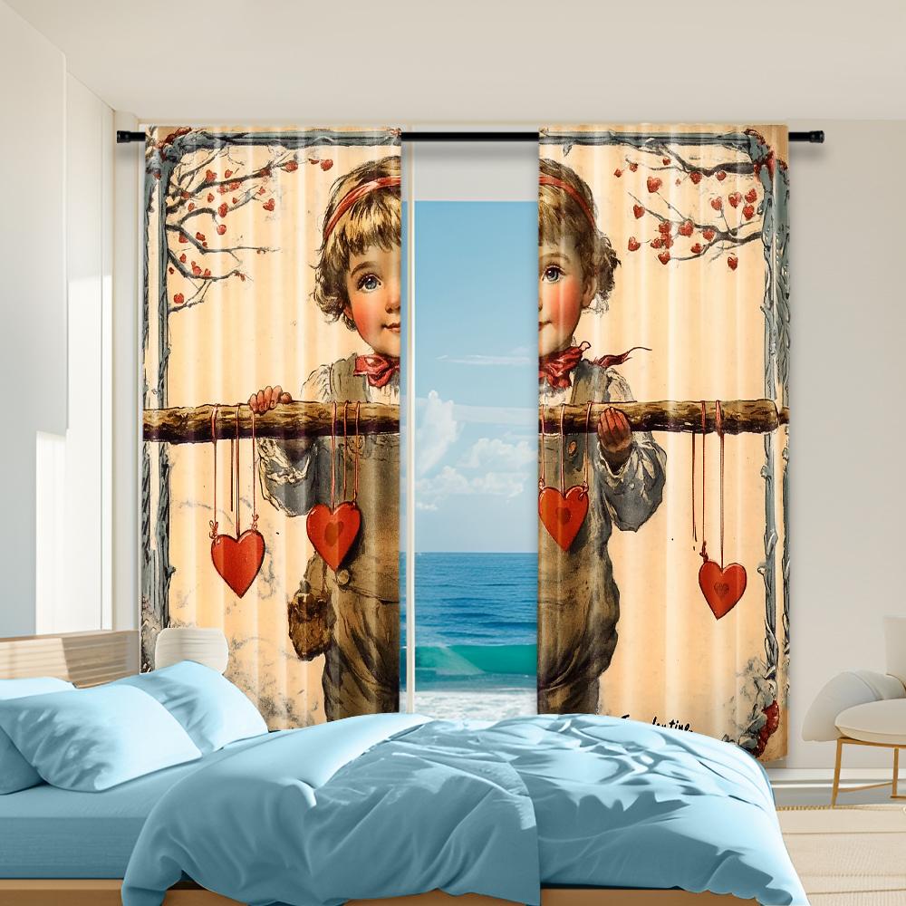 

Elegant Set Of 2 Versatile Polyester Transparent Curtains Home Decoration Valentine Use Bedrooms Living Rooms Curtain For Great Room Made W100*H70(CM)-Hooks&1PCS