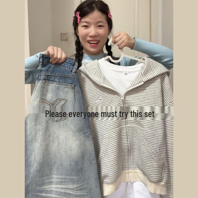 

Korean-Style Grey Striped Hooded Sweatshirt Jacket - Autumn 2025 Collection 2XL