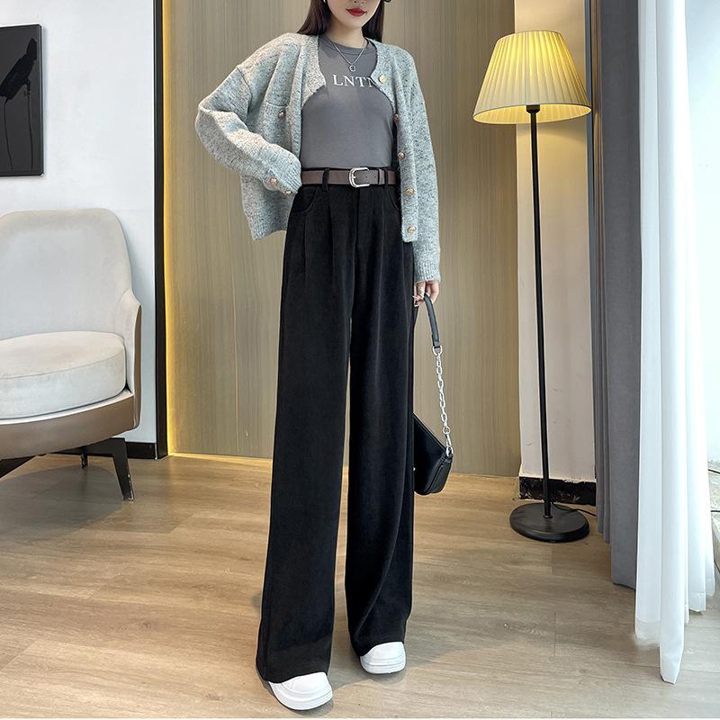 

Narrow version suit pants autumn and winter new high waist drape plus velvet European cotton velvet casual drape wide leg pants for women S