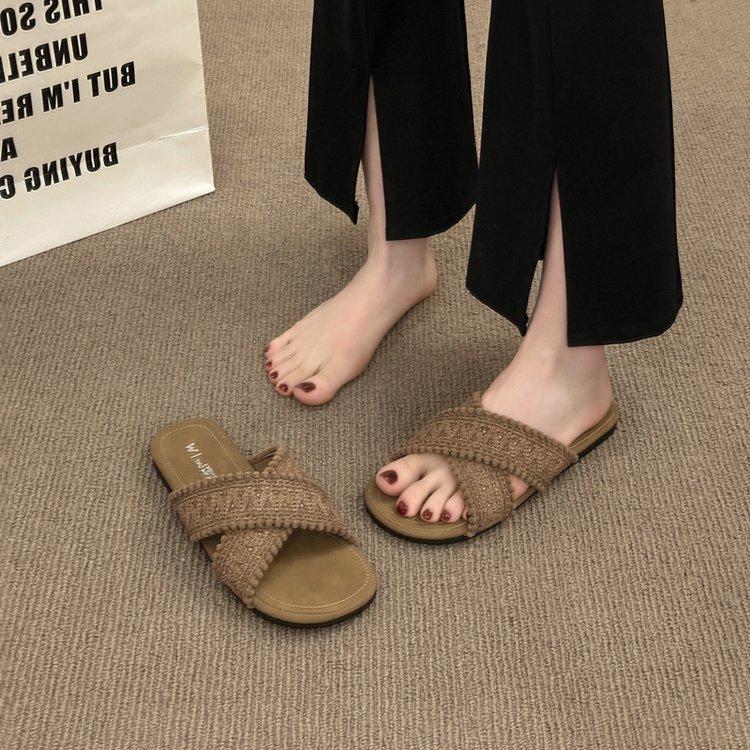 Ethnic Cool Slippers 2025 New Summer Vintage Woven Cross Bohemian Student Flat Bottom Flip