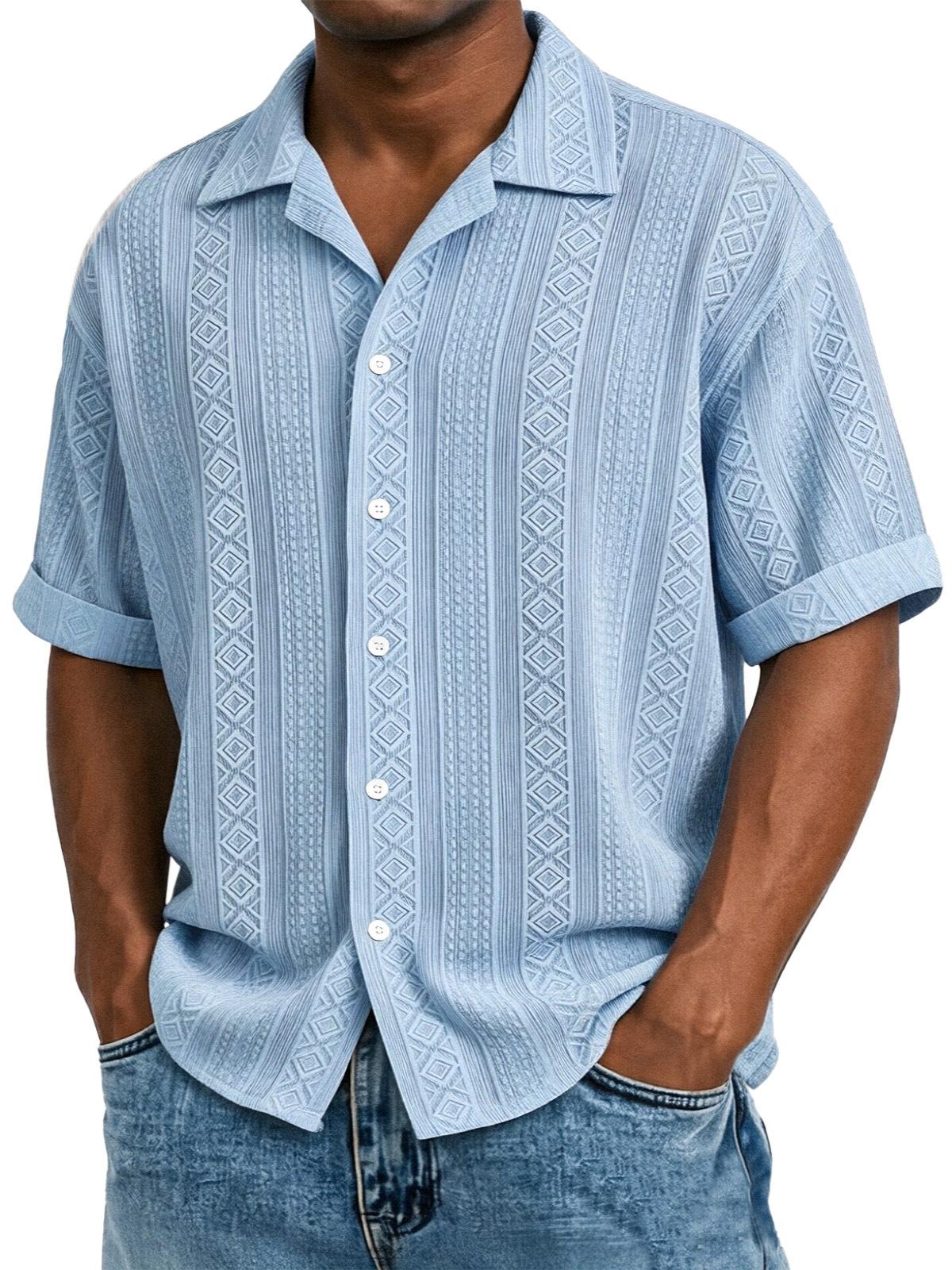 Mens Jacquard Short Sleeve Casual Loose Lapel Solid Vacation Beach Shirt S синий