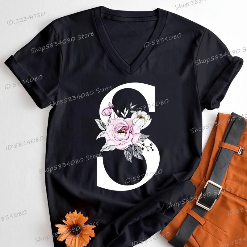 Letter B Floral T Shirts Women English Alphabet Birthday Gift Women 26 Initials Flower Classic Tops Tees Alphabet Floral Tshirt
