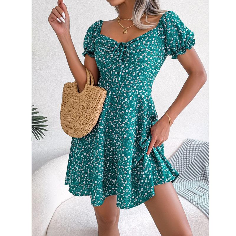 

Летние богемные женские платья макси, повседневные пляжные женские шифоновые платья с высокой талией и цветочным принтом S зелёный