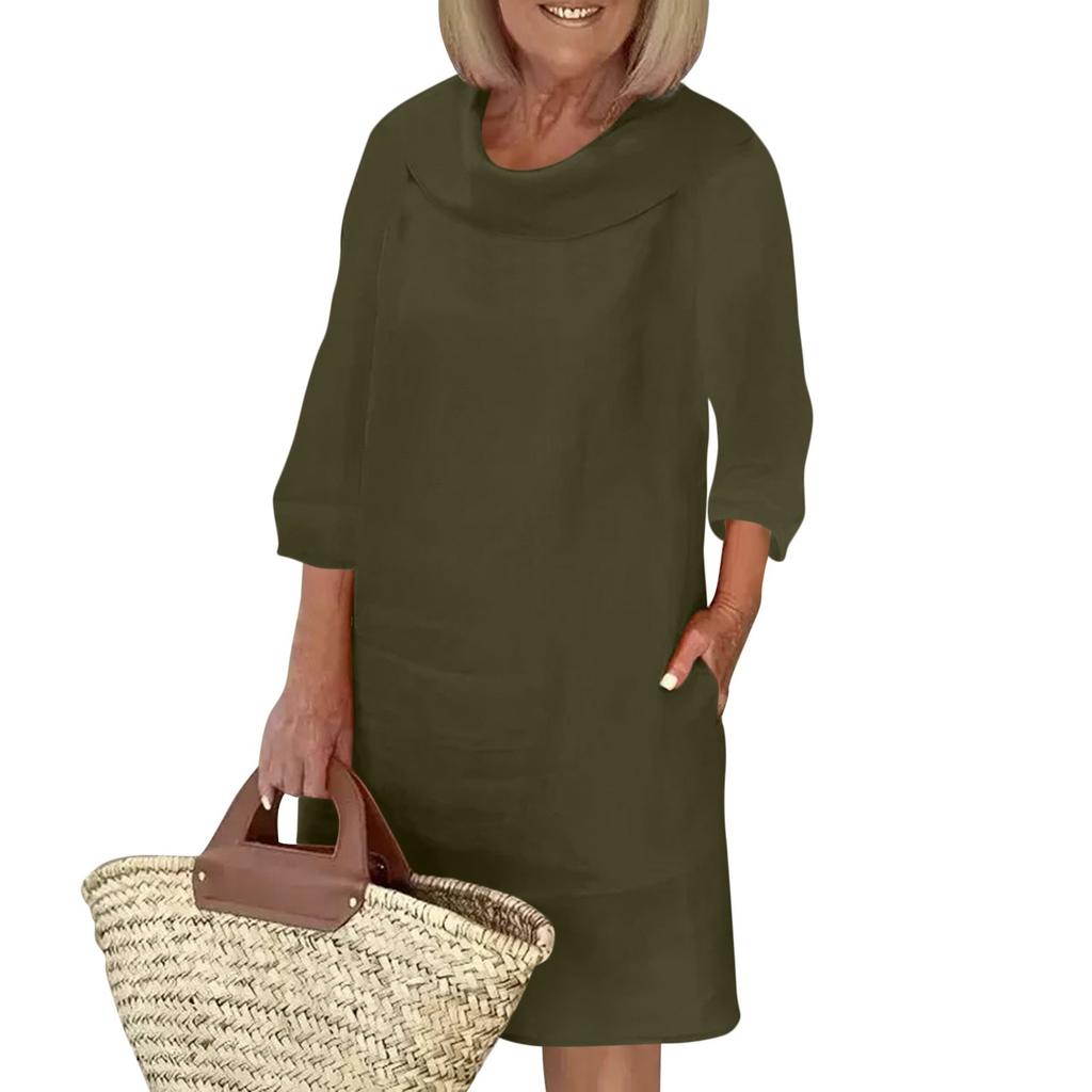 Women's Cotton And Linen Temperament Commuting Long Spliced Round Neck Casual Solid Color Dress