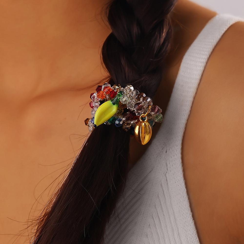 New Sweet Dopamine Color Crystal DIY Peach & Pineapple Pendant Hair Tie, Hair Accessories for Women