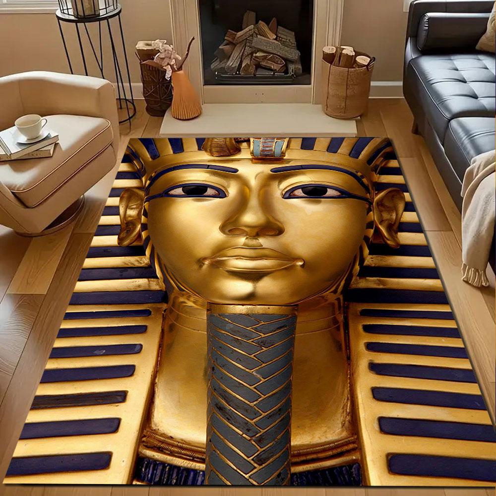 Golden Pharaoh's Mask Design Patterned carpet, non slip mat suitable for living room and bedroom sofas
