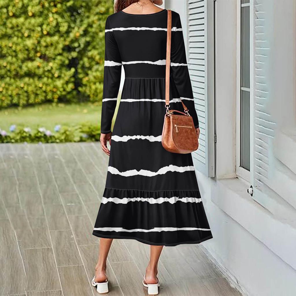 Women's  Printed Casual Dress Spring Autumn Pocket Round Neck Long Sleeve Dresses