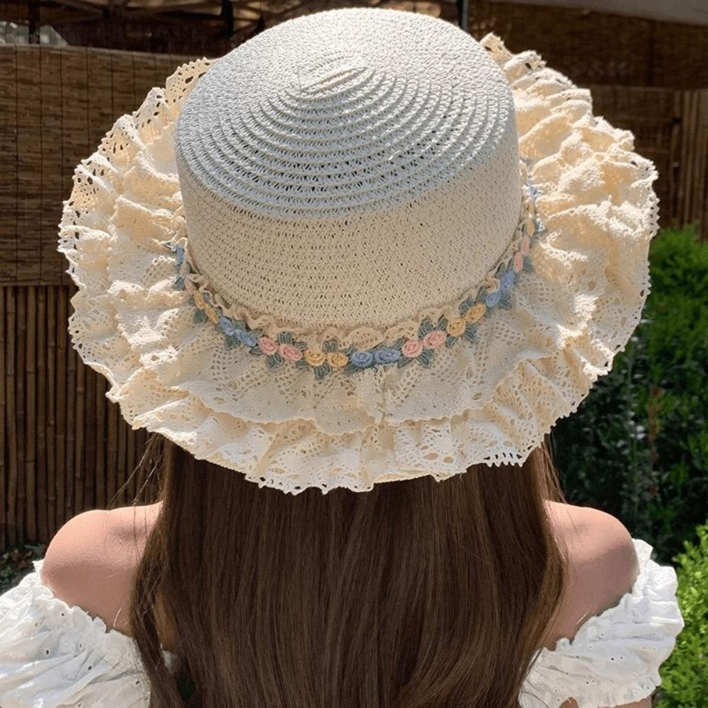Handmade Wide Brim Bucket Hat Summer Sunshade Hat Lolita Straw Sun Hat  Women Girls