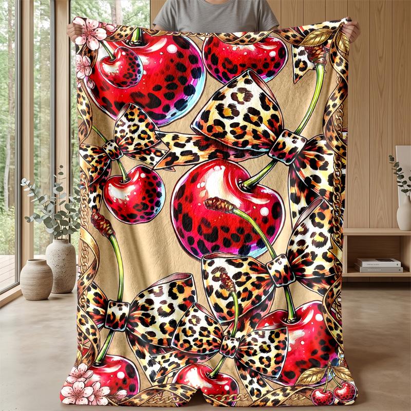 Cherries and Leopard Butterflies Blanket Personalized Name Flannel Blanket Soft Cozy Plush Throw for Sofa Bed Lightweight Home Decor